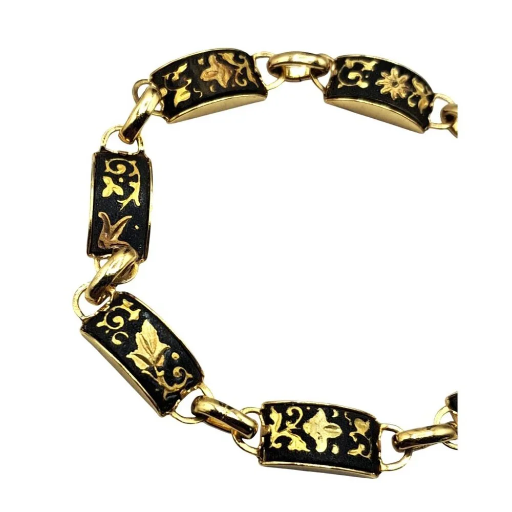 Vintage Damascene Bracelet Panel Links Leaves and Vines Design Safety Chain Cost